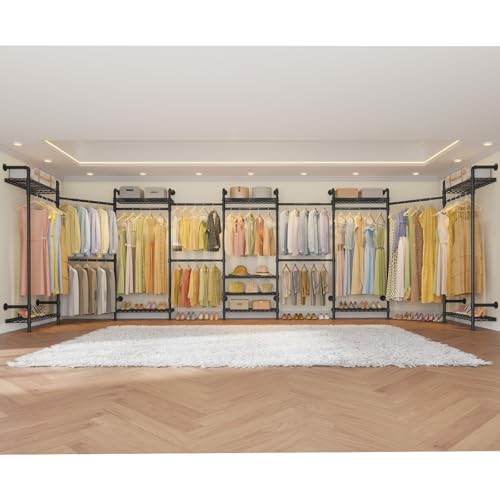 Timate F4 Wall Mounted Clothes Rack Industrial Pipe Clothing Rack for Hanging Clothes, Expandable Garment Rack Heavy Duty Wardrobe Closet Organizer and Storage, Black Adjustable Industrial Closet Kit - color: Black