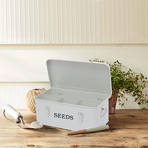 Seed Saving Box, Metal Seed Bin, Seed Storage Organizer, Seed Packet Container with Lid, Seed Envelope Storage Box, 4 Compartments Garden Seed Bin with Safety Locks-White - color: White