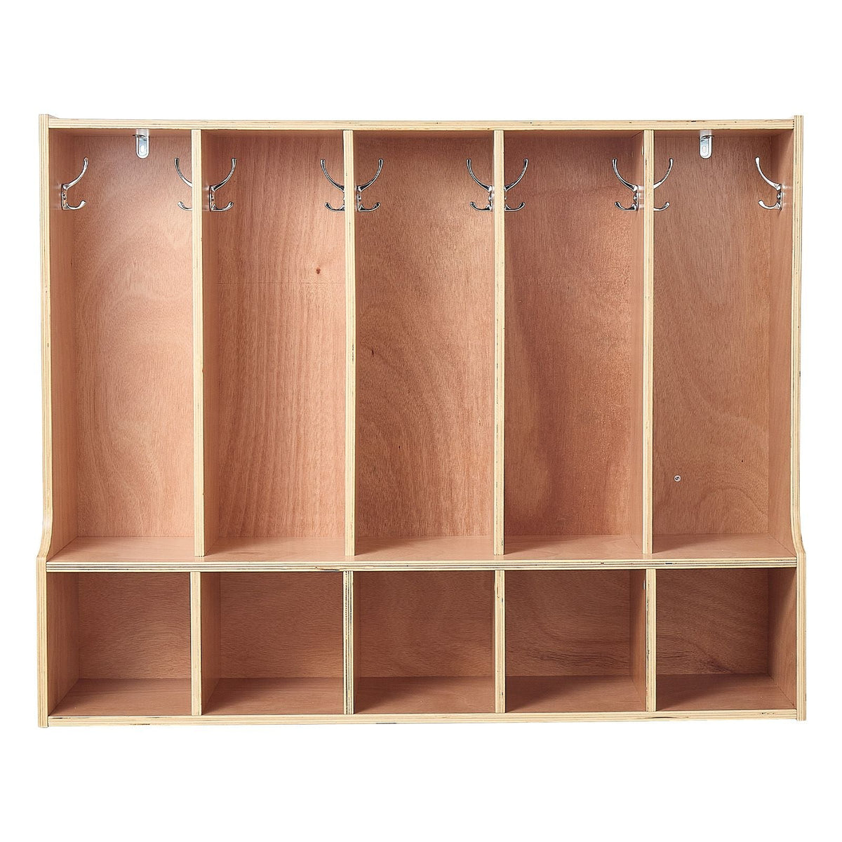 5-Section Kids Coat Locker, Wooden Toddler Cubby Storage Organizer with 10 Hooks & Non-Slip Mat, Modern Kid Coat Cubbies with 5 Small Open Storage Boxes for Home, Kindergarten, Daycare, Natural