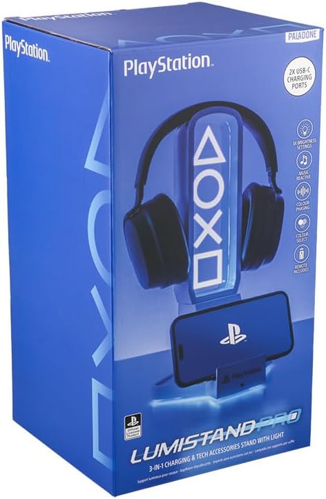 Paladone PlayStation 3-in-1 Headphone Stand and Tech Charging Station with Console Controller Cradle and 2 USB-C Ports RGB Colour Changing Light Panel Officially Licensed Gift for Gamers