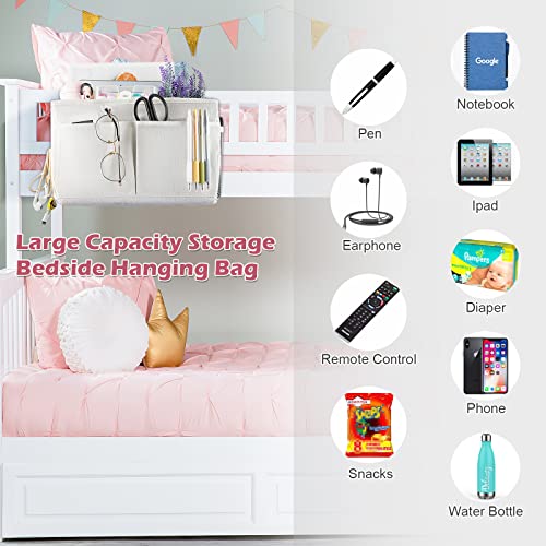 Bedside Caddy Hanging Storage with Water Bottle Holder for Bunk Bed Hospital Bed Dorm Rooms (White) - color: White