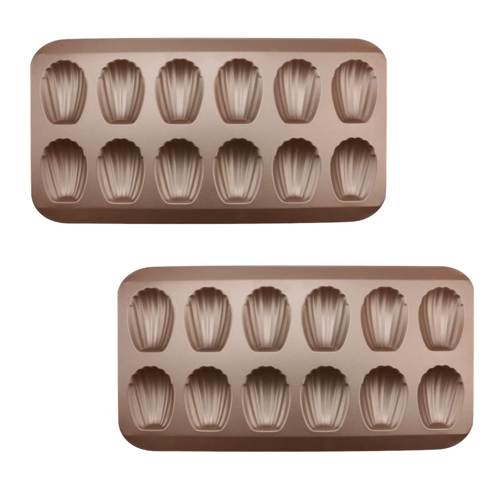 2 Pack Madeleine Pans for Baking, 12 Cavity Heavy Duty Shell Shape Baking Mold Nonstick Cookie Cake Pan for Oven(Gold)