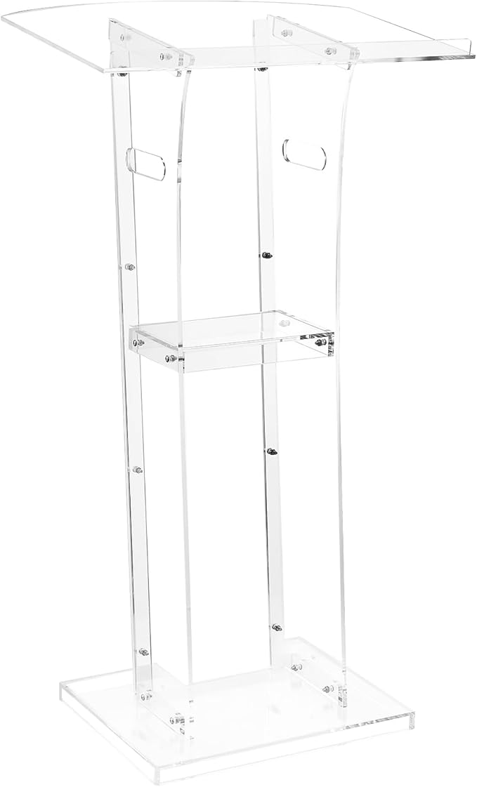 VEVOR Podium Stand, 43-Inch Acrylic Lectern, Portable Laptop Desk with Wide Reading Surface and Storage Shelf, Book Stopper, Floor-Standing, for Classroom, Wedding, Conference, Lecture and Concert