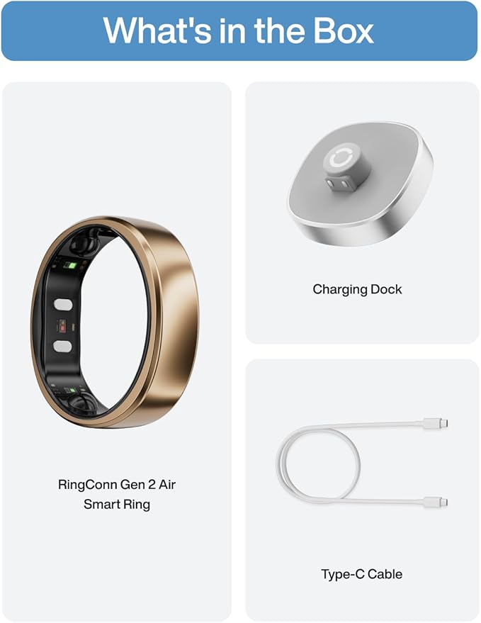 RingConn Gen 2 Air, Ultra-Thin AI Smart Ring, 10-Day Battery Life, Fitness/Sleep/Stress/HR Tracker for Women&Men, No App Fee for Standard Features, iOS & Android Compatible (Size 12, Dune Gold)