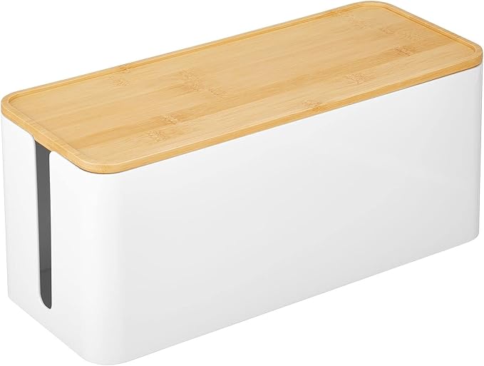 mDesign Cable Management Box - Storage Organizer for Power Strips, Cords, Surge Protectors - Hide Loose Wires in Home Office, Desks, Entertainment Centers - Large, White/Natural Bamboo Wood Lid