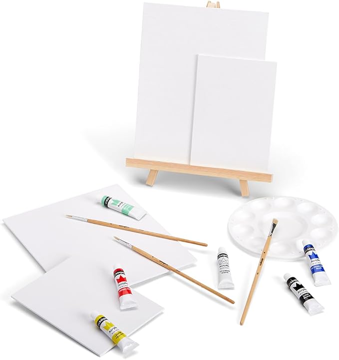 KINGART 15-Piece Artist Painting Set with 6 Vivid Acrylic Paint Colors, 12" Easel, 4 Canvas Panels, 3 Brushes, Painting Palette - School, Students, Adults, Gift Giving