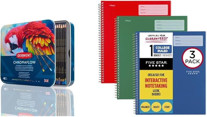 Bundle of Derwent Chromaflow Colored Pencils Tin, Set of 48, 4mm Wide Core, (2306013) + Five Star Interactive Notetaking Spiral Notebooks, 3 Pack, 1-Subject, College Ruled Paper (820195-ECM)