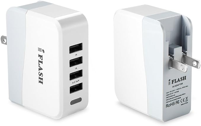 iFlash® 20W / 4A Quad-Port USB Wall Charger/Portable Travel Charger - Simultaneous Full-Speed Charging (International Version White Color)
