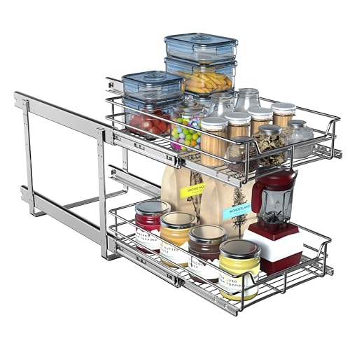 JOWBOOW 2-Tier Pull Out Cabinet Organizer (17" W x 22" D), Pull Out Shelves and Drawer for Kitchen Pantry Storage Basket, Heavy-Duty Metal Sliding Shelf, Chrome Finish - size: 17 x 22 Inch