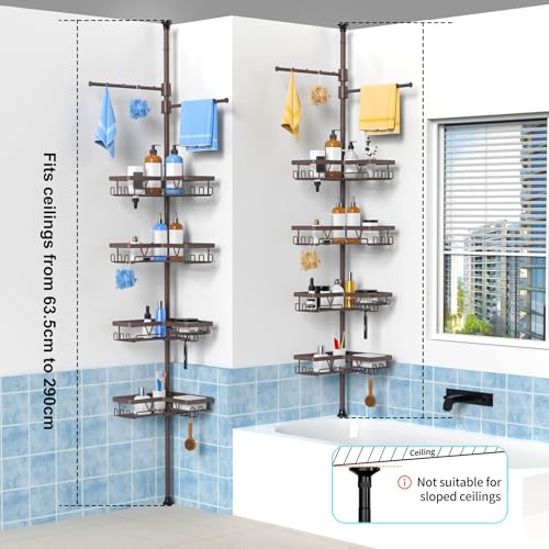 KEGII Shower Caddy Tension Pole with 2 Towel Bars, Adjustable Corner Bathroom Organizer, Rustproof Bathtub Storage Shelves for Shampoo, 25–114.2 Inch Shower Corner Rack for Renters & Family, Bronze - style: Tension Caddy & Towel Bar - Brown