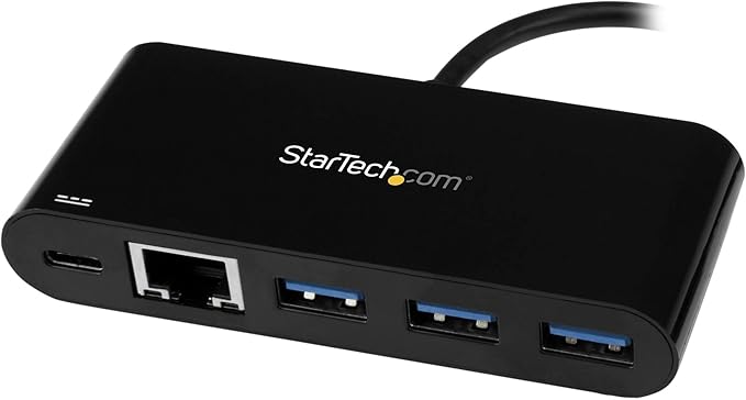StarTech.com 3 Port USB-C Hub with Gigabit Ethernet & 60W Power Delivery Passthrough Laptop Charging - USB-C to 3x USB-A (USB 3.0 SuperSpeed 5Gbps) - USB 3.1/3.2 Gen 1 Type-C Adapter Hub (HB30C3AGEPD)