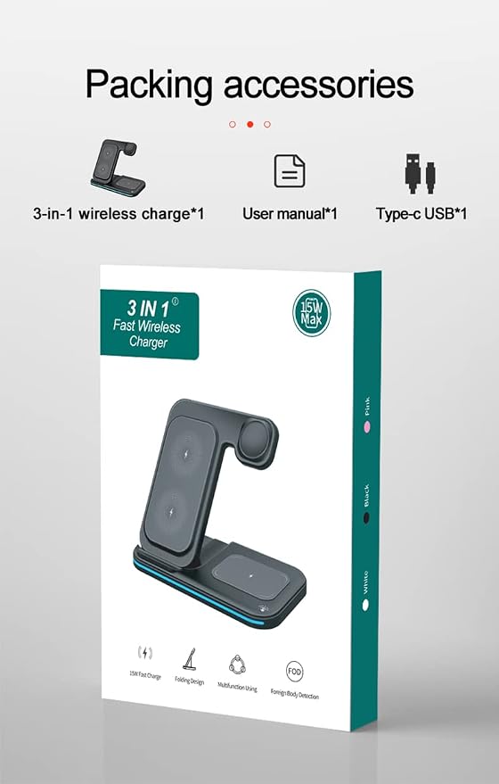 Foldable 3 in 1 Charging Station Dual Coil Wireless Charger for iPhone 17 Apple Watch Ultra 1-10 Charging Dock for Air. Pods (No A/C Adapter USB C to C Cord)