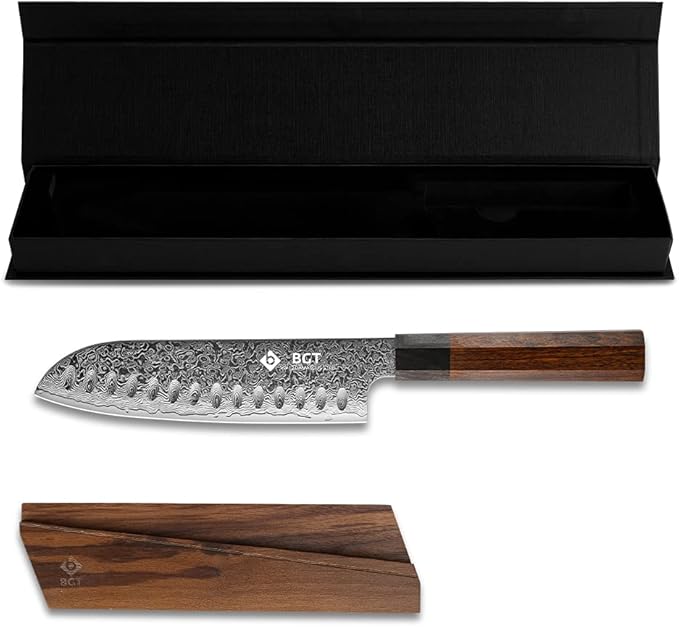 BGT Kiritsuke Knife, 8 inch Japanese Chef Knife, Japanese 67 Layer VG-10 Damascus Steel Kitchen Knife with Ebony Wood Handle and Gift Box. (Santoku knife)