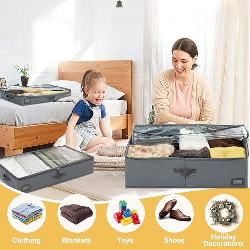 10-Inch Under Bed Storage Containers (3-Pack) | Sturdy Sidewalls | Clear Cover & Label Holder | Foldable Closet Organizer | Stores Clothing/Blankets/Wrapping Paper/Toys - size: 10-Inch Height