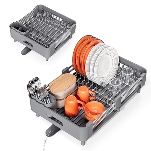 Urackify Stainless Steel Dish Drying Rack - Dish Drainer for Kitchen Counter, Extendable Drainboard with Foldable, Space-Saving Cup & Bowl Organizer, Includes Knife and Utensil Holder, Gray - color: Gray