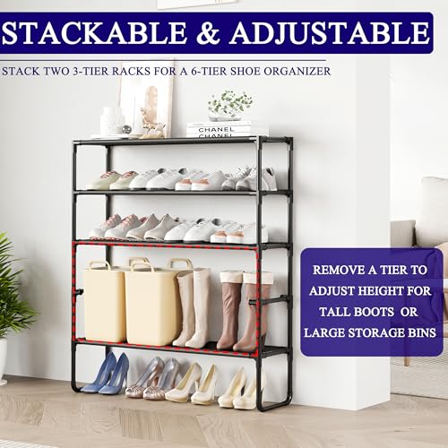 Long Shoe Rack, 2-Tier Stackable Shoe Organizer for Closet, Entryway, Hallway, Extra Bottom Layer, Holds 12-15 Pairs, Sturdy & Durable Waterproof Fabric Shelf, Space-Saving,Black(35.8" Wide) - size: 2-Black