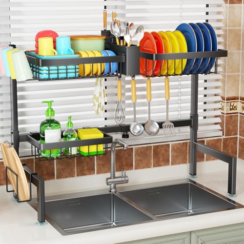 SNSLXH 2-Tier Over The Sink Dish Drying Rack, Kitchen Large Dish Drying Rack Over The Sink, Suitable for Most Sinks, Effective Dish Drying, Kitchen Drying Rack(26.57"-35") - size: Large 2 tiers 3 baskets