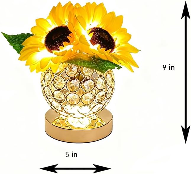 Crystal Cube LED Night Light with Sunflower Vase, USB Rechargeable Table Lamp, 3 Color Modes, Touch Control, Decorative Accent Light for Bedroom, Home (Round Crystal Globe (Sunflower))