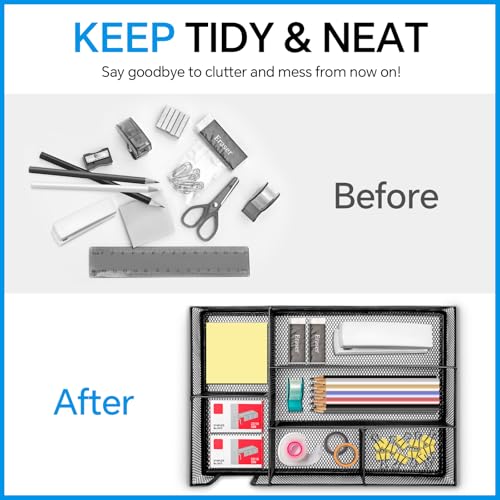 Desk Drawer Organizer, Office Drawer Divider Organizer Tray with 6 Compartments, Metal Mesh Desktop Organization and Accessories for Stationery Makeup Kitchen Toolroom School &Office, 12.6x8.27x1.6 in - size: Large-2 Pack