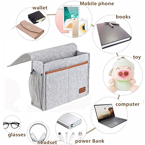 Bedside Caddy,Felt Bedside Storage Organizer, Hanging Storage for Dorm Bed Sofa for tablet Magazine Phone Remotes and Water Bottle Holder (Light Grey)