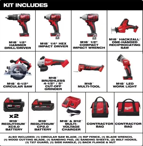 Milwaukee M18 18V Cordless Power Tool Combo Kit, 8-Tool Set, 3 Batteries, 2 Tool Bags, Charger Included