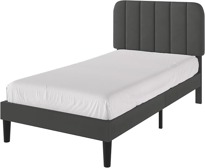VECELO Twin Size Bed Frame with Upholstered Headboard, Velvet Platform Bedframe Mattress Foundation, Strong Wood Slat Support, No Box Spring Needed,Grey