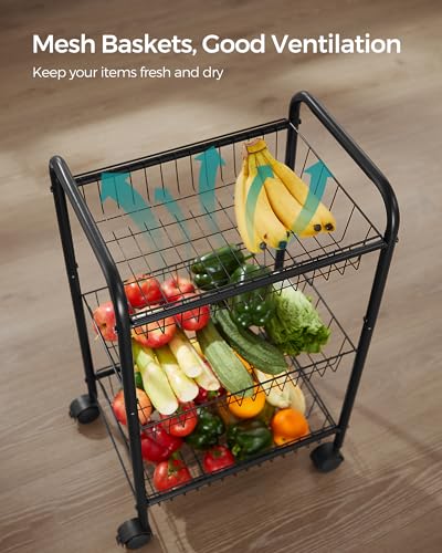 SONGMICS 3-Tier Metal Rolling Cart on Wheels with Baskets, Lockable Utility Trolley with Handles for Kitchen Bathroom Closet, Storage with Removable Shelves, Black UBSC03BK - color: Black