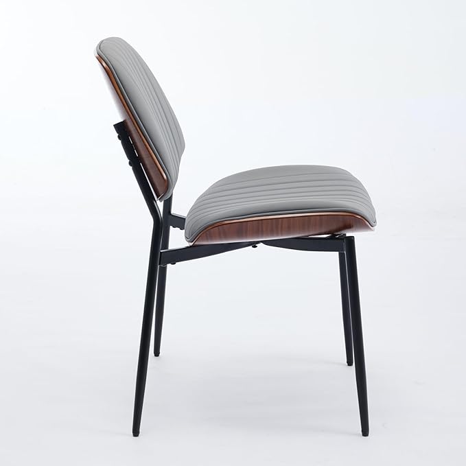 Dining Chairs Set of 6, Mid Century Modern Accent Dining Room and Kitchen Chairs, Upholstered PU Leather Vertical Stripe Chairs for Vanity with Walnut Bentwood and Metal Legs, Gray
