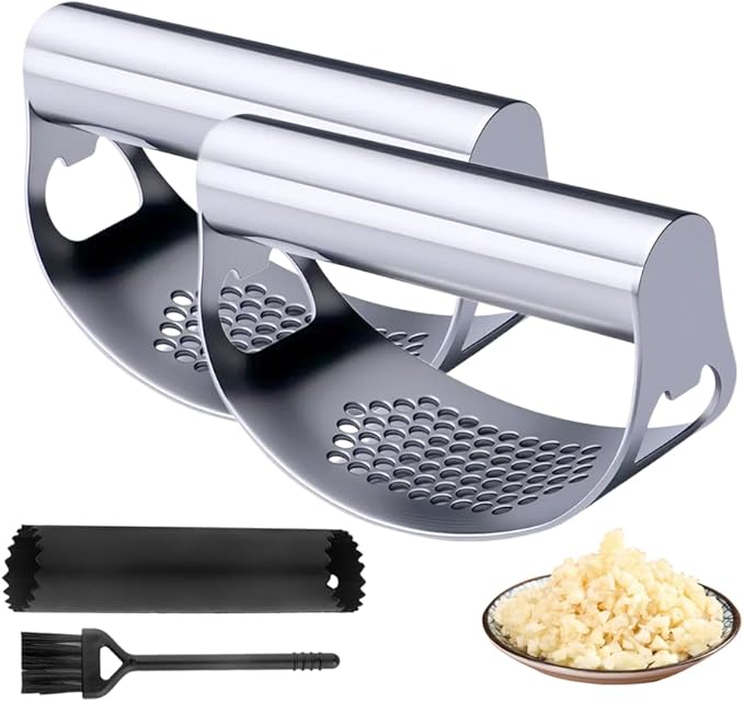 2025 New Stainless Steel Garlic Presser, Portable Manual Stainless Steel Garlic Press for Home Kitchen Utensils, Upgrade Rocker Crusher Masher with Garlic Peeling (1)
