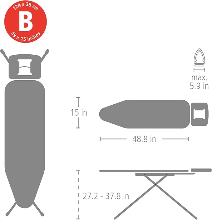Brabantia - Ironing Board B – Solid Steam Iron Rest – Adjustable Height – Non-Slip Rubber Feet – 100% Fairtrade Cotton Cover with Foam Padding – Foldable – Metallized – Size B (49 x 15 in)
