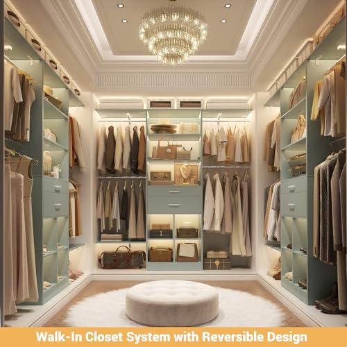 5FT Small Closet System, Baby Closet Organizer System with Wooden Drawers, 60 Inches Walk in Closet System with 5 Hanging Rods and 3 Reversible Hanging Shelving, Crab Green - color: Crab Green, size: 5 FT