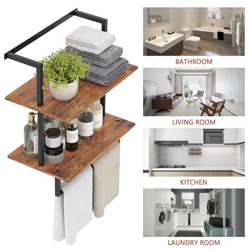 Wall Mounted Towel Rack for Bathroom, Bath Storage Holder 3-Tier Steel Wood Towel Shelf with Bar, Rustic Brown - color: Rustic Brown