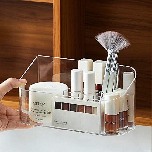 SUNFICON Makeup Tray Holder Organizer Cosmetic Display Case Tabletop Desktop Vanity Countertop Bathroom Wall Cabinet Medicine Storage Box 9 Dividers 2 Removable for Womens Ladies Girls Crystal Clear