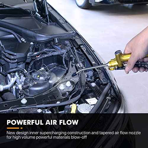 High Volume Industrial Air Blow Gun with Rubber Guard Air Flow Nozzle, Professional Gold Paint Metal Air Blower Gun, Pneumatic Dust Cleaning Tool for Air Compressor Accessories