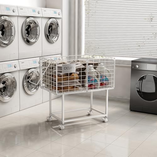 CICUFY Rolling Laundry Cart, 80L Wire Laundry Hamper Basket on Wheels, Dirty Clothes Basket with Handle, Metal Clothes Hamper Organizer for Laundry Room, Bathroom, Bedroom, Dorm, White - color: White