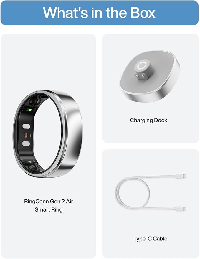 RingConn Gen 2 Air, Ultra-Thin AI Smart Ring, 10-Day Battery Life, Fitness/Sleep/Stress/HR Tracker for Women&Men, No App Fee for Standard Features, iOS & Android Compatible (Size 14, Galaxy Sliver)