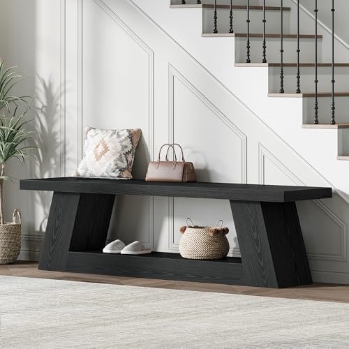 Tribesigns 63" Wooden Entryway Bench with Storage Shelf, Rustic Extra Long Bench, 2-Tier Narrow Hallway Seating Bench for Living Room, Bedroom, Kitchen(Black) - color: Black