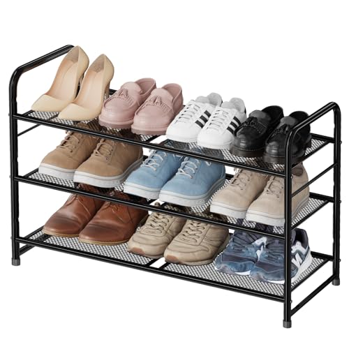 Metal Shoe Rack, Stackable 3 Tier Closet Shoe Organizer with Durable Mesh Shelves, Adjustable, Black - color: Black, size: 3 Tier