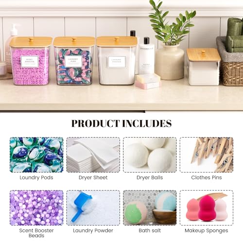 4+1 Pack Laundry Room Organization Containers,Clear Laundry Pods Container,Large Laundry Detergent Powder Storage Containers with Wooden Lids & Labels,Laundry Pods Holder for Scent Booster,Powder,Pods - style: 4+1 Pack