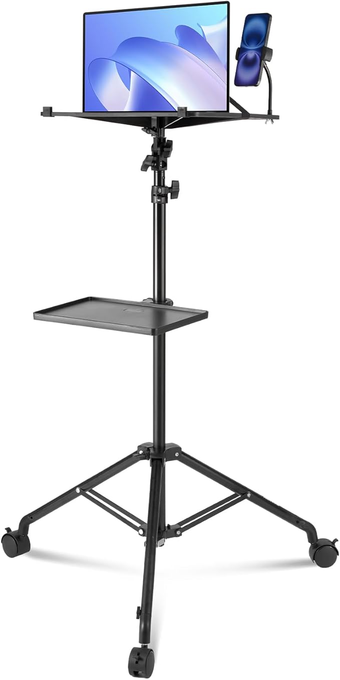 VEVOR Projector Stand with Wheels, Laptop Stand Tripod Adjustable Height from 31.3 to 67.3", Projector Tripod Stand with 2 Trays & Gooseneck Phone Holder, for Outdoor Movies, Home, Office or Studio
