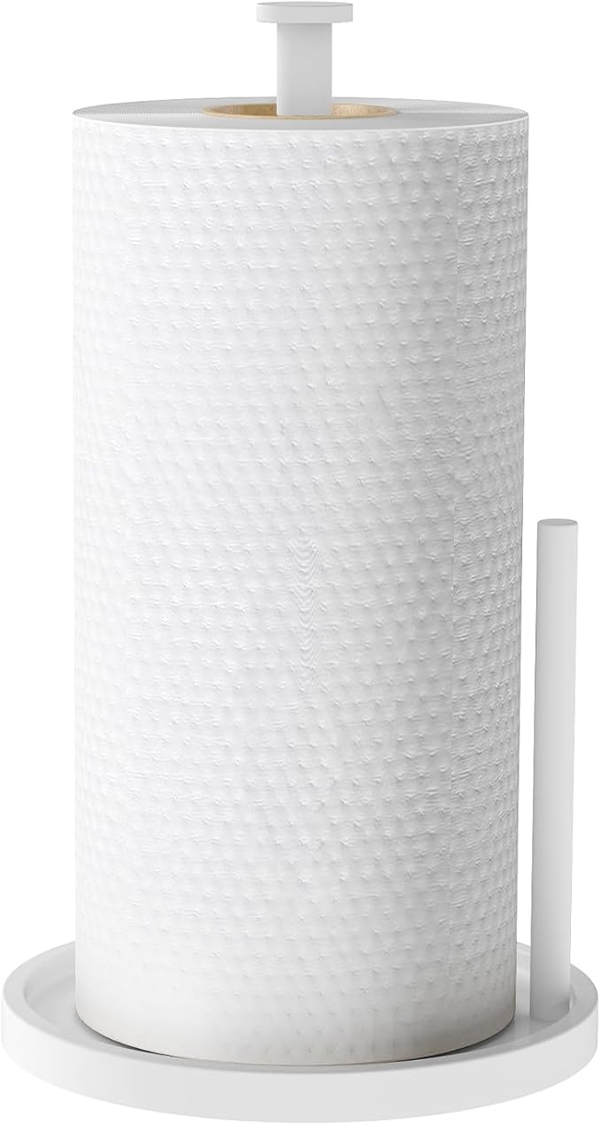 Paper Towel Holder Countertop, Standing Paper Roll Holder with Anti Slip Weighted Base, Stainless Steel Freestanding Paper Towel Holder for Kitchen, White