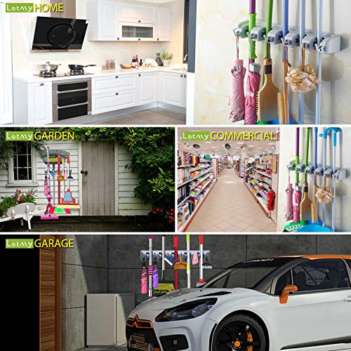 LETMY Broom Holder Wall Mounted - Mop and Broom Hanger Holder - Garage Storage Rack & Garden Tool Organizer - 5 Position 6 Hooks for Home, kitchen, Garden, Tools, Garage - color: Gray