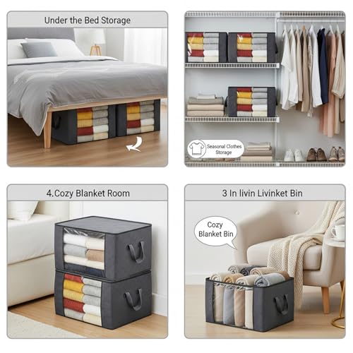 60L Grey Fabric Storage Bins with Lids & Clear Window, 3 Pack Collapsible Closet Organizers with Handles for Clothes, Blankets, Under Bed Storage - size: 3 x 60L