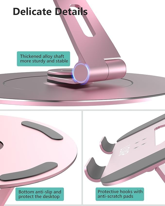 Ultra-Stable Aluminumy Laptop Stand for Desk with Foldable Phone Holder, Stylish Computer Stand for Women, Men Office, Fits Laptops, Pink