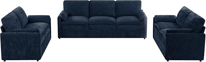 3 Pieces Chenille Sofa Set w/Arm Pillows, Upholstered 2 Pieces Loveseat & 3 Seater Sofa w/Comfortable Back Cushions, Modern 2-Seat & 3-Seat w/High-Density Foam for Living Room, Blue