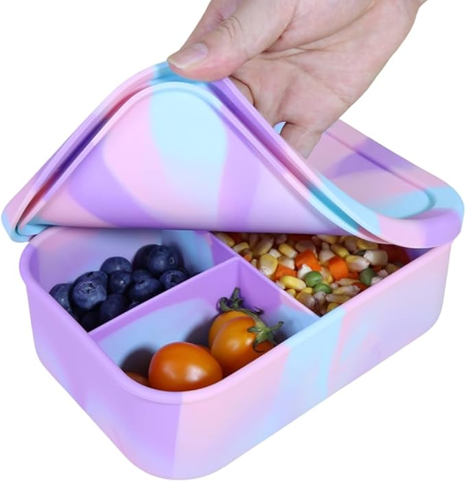 PACKED JOY Silicone Lunch Box for Adults & Kids, 40oz Bento Box | 3 Compartments, Leak-Proof Design, 100% Food-Grade Silicone | Microwavable & Portable For All Occasions (5.7x8.5in) (Purple)