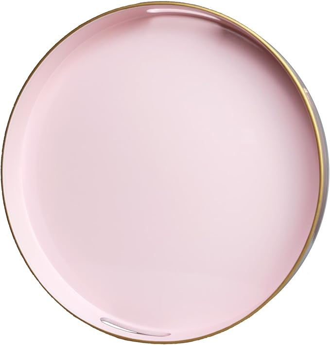 Pink Round Decorative Tray with Handles, 13" Elegant Coffee Table Serving Tray for Ottoman Living Room, Bathroom, Outdoors, Breakfast