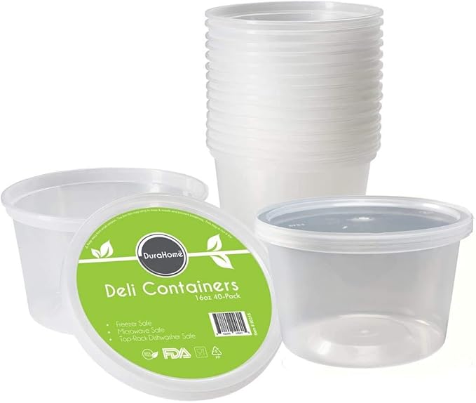 DuraHome - Deli Containers with Lids Leakproof - 40 Pack BPA-Free Plastic Microwaveable Clear Food Storage Container Premium Heavy-Duty Quality, Freezer & Dishwasher Safe (16 oz.)