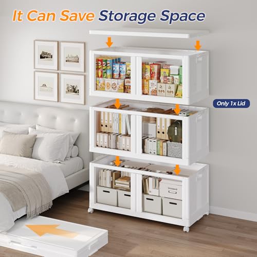 200GAL Large Stackable Storage Bins with Lid and Wheels, 800Qt Collapsible Organizer Cabinet with Clear Door, for Closet, Bedroom, Kitchen, Garage, 4-Pack White - style: 4 Pack