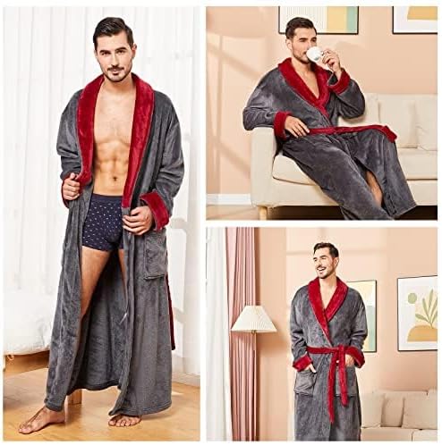 FashGudim Mens Robes Big and Tall Full Length Plush Fleece Long Robe for Men Bathrobe Shawl Collar Warm Winter House Robes